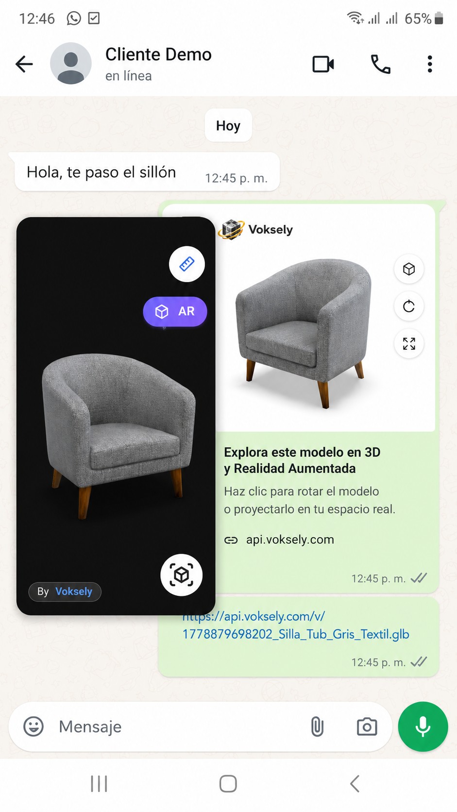 Voksely Pocket abriendo el modelo sobre el chat de WhatsApp